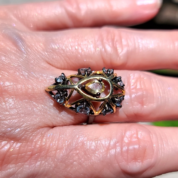 Citrine & Topaz Sterling Rhodium & Gold Art Deco ring sz6.5 - Picture 5 of 15